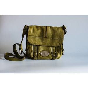Preowned Fossil Maddox 1954 Long Live Vintage Moss Colored Leather Crossbody Bag